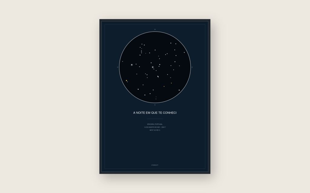 Mapa de estrelas da Ericeira emoldurado, com o céu de uma noite de agosto