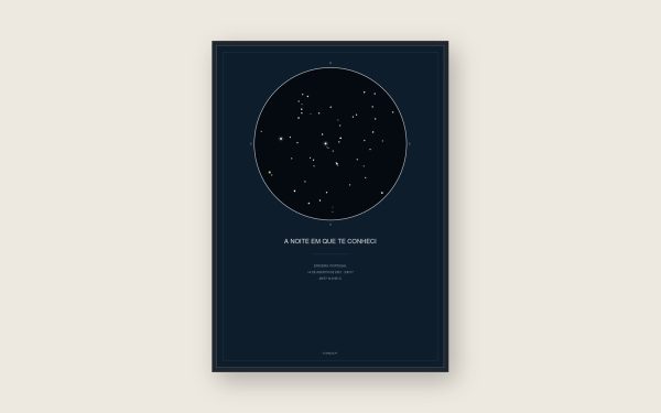 Mapa de estrelas da Ericeira emoldurado, com o céu de uma noite de agosto