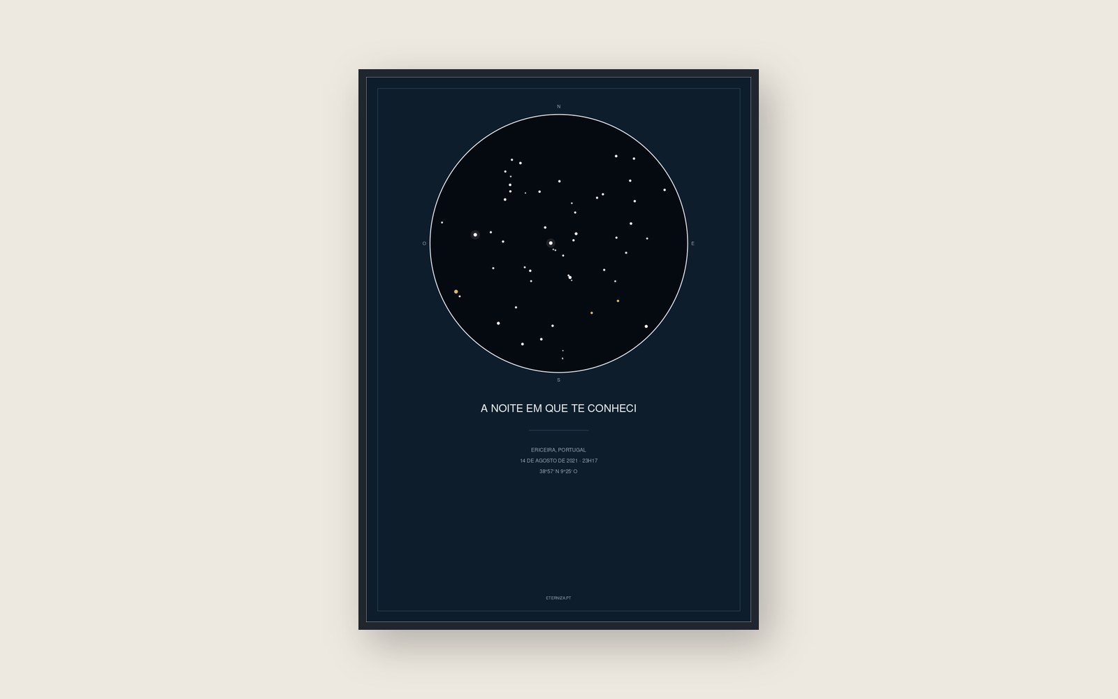 Mapa de estrelas da Ericeira emoldurado, com o céu de uma noite de agosto