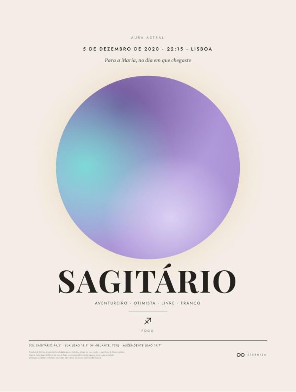 Aura Astral de um nascimento — Sagitário, disco de cor, paleta Harmonia