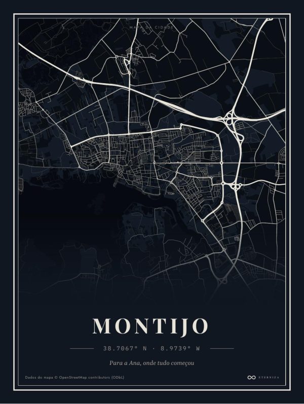 Mapa da Cidade — Montijo, paleta Noite, malha de ruas com nome e coordenadas