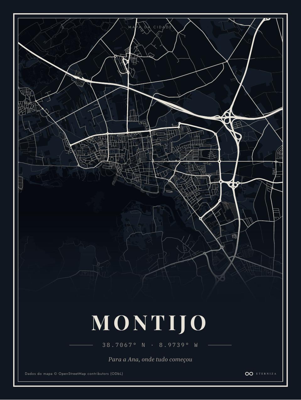 Mapa da Cidade — Montijo, paleta Noite, malha de ruas com nome e coordenadas